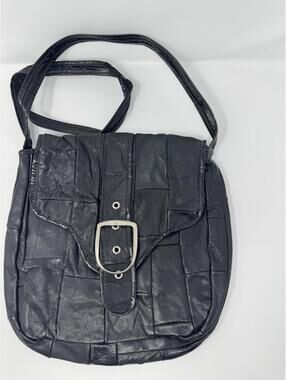 Black Hobo Patchwork Faux Leather Crossbody Bag with Buckle Closure